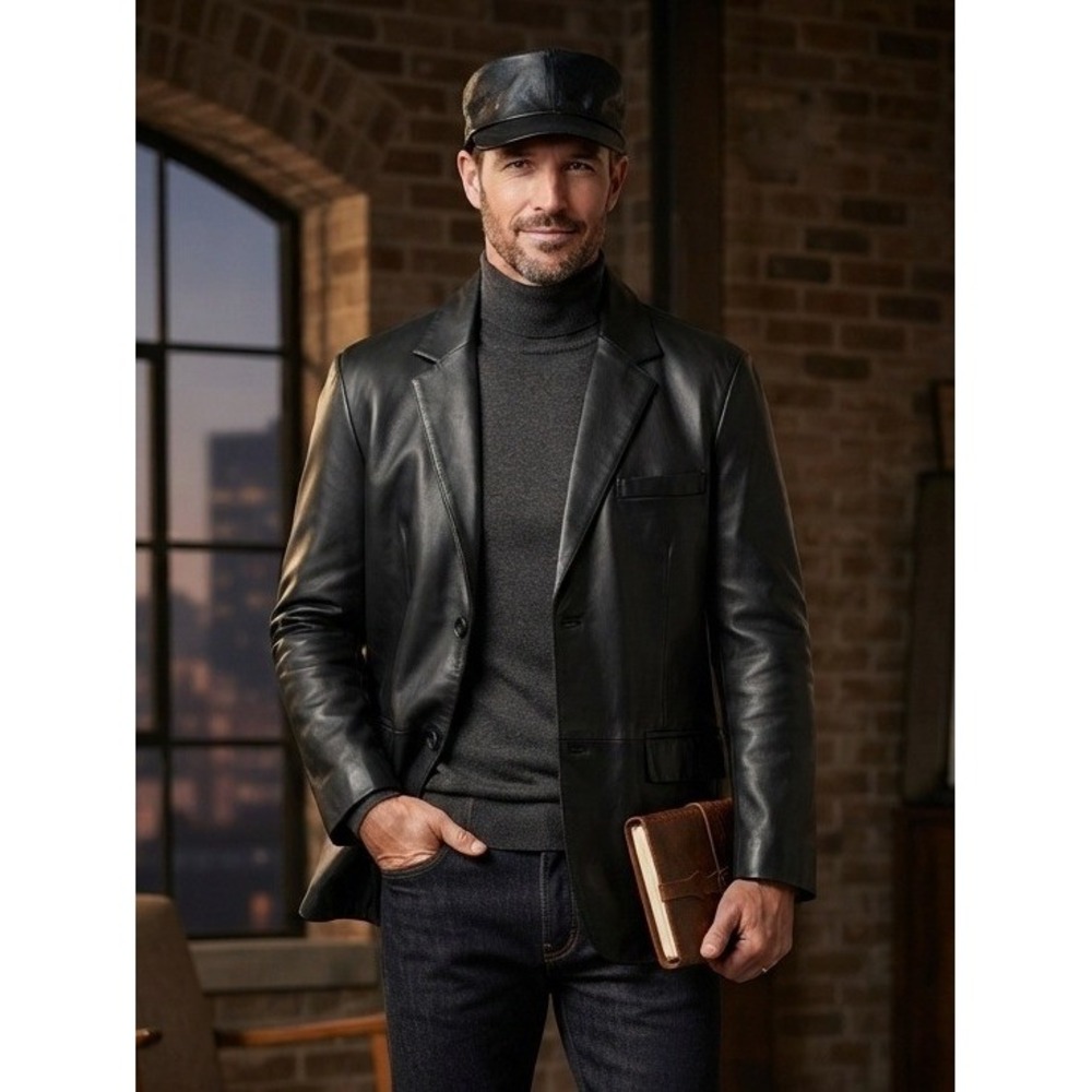 Howard's Men's Leather Sport Coat Blazer Jacket w/ Cadet Hat Black WBM6003 Sz L?